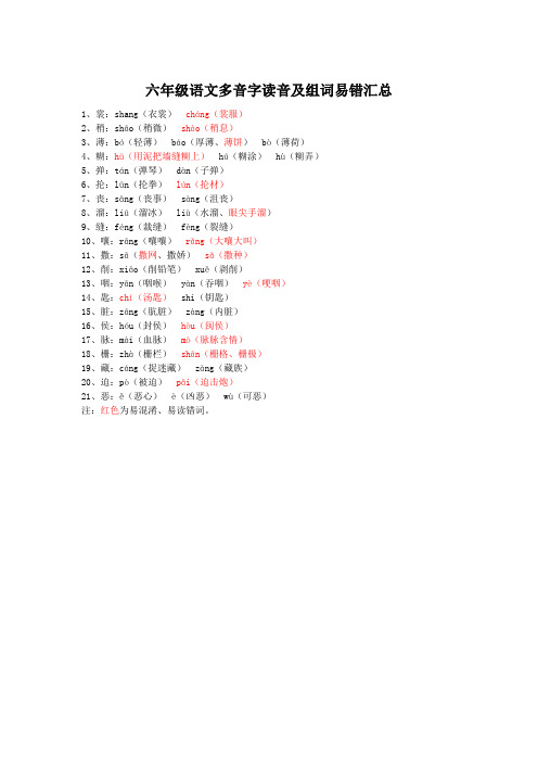 小学六年级语文(人教版统编上下册)多音字读音组词易错汇总