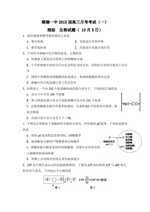 广东省佛山市顺德一中2015届高三10月月考生物试题 Word版试卷及答案