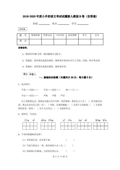 2019-2020年度小升初语文考试试题新人教版B卷 (含答案)