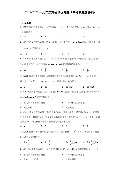 一元二次方程拔高专题(2019中考真题)(含答案)