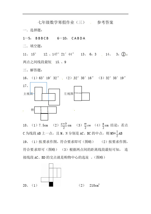 七年级数学寒假作业(三)答案