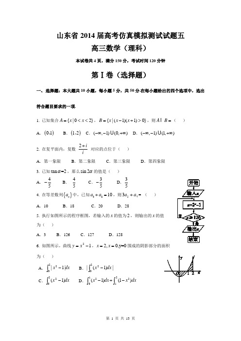 山东省2014届高三仿真模拟测试理科数学试题五(word版)(精校)