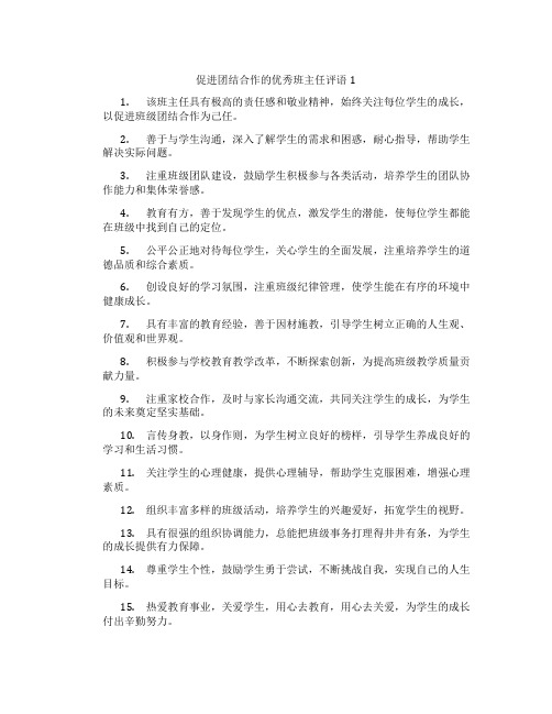 促进团结合作的优秀班主任评语1