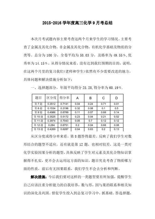 高三化学9月考考情分析报告