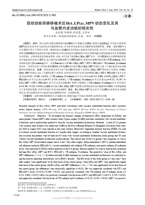 冠状动脉旁路移植术后Hct、LP(a)、MPV动态变化及其与血管内皮功能的相关性