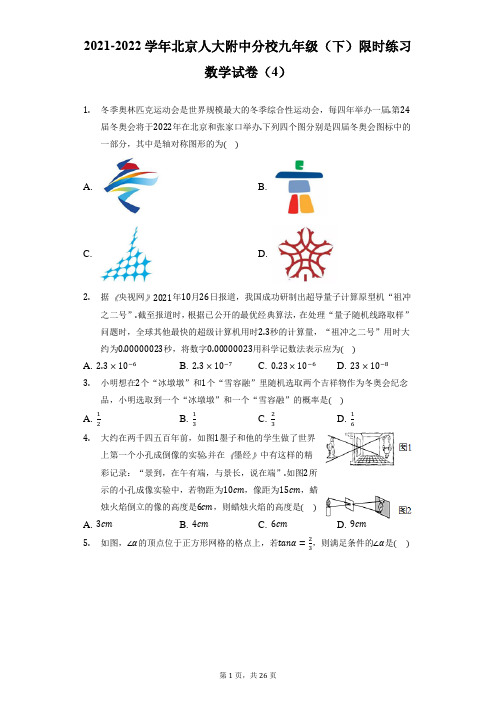 2021-2022学年北京人大附中分校九年级(下)限时练习数学试卷(4)(附答案详解)