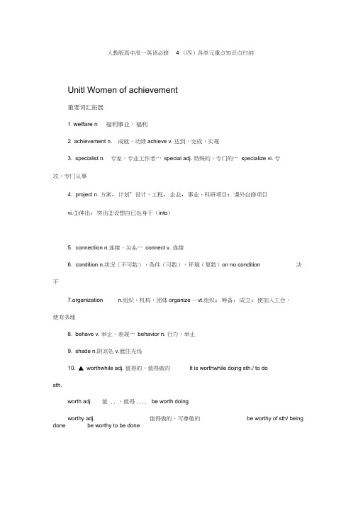 高中高一英语必修4(四)各单元重点知识点归纳可打印版