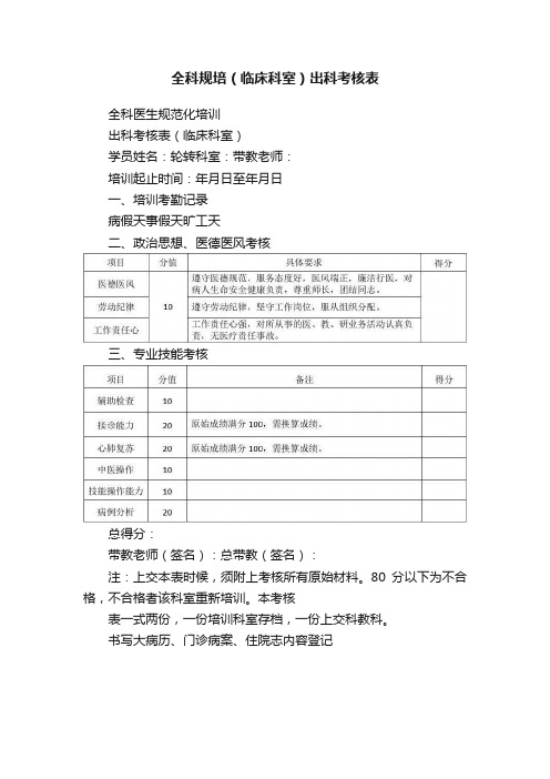 全科规培（临床科室）出科考核表