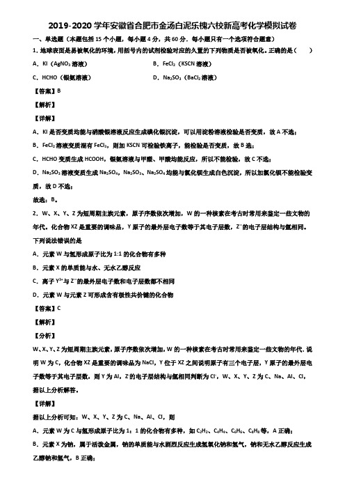 2019-2020学年安徽省合肥市金汤白泥乐槐六校新高考化学模拟试卷含解析