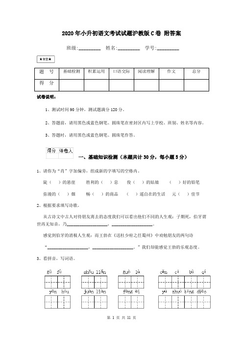 2020年小升初语文考试试题沪教版C卷 附答案