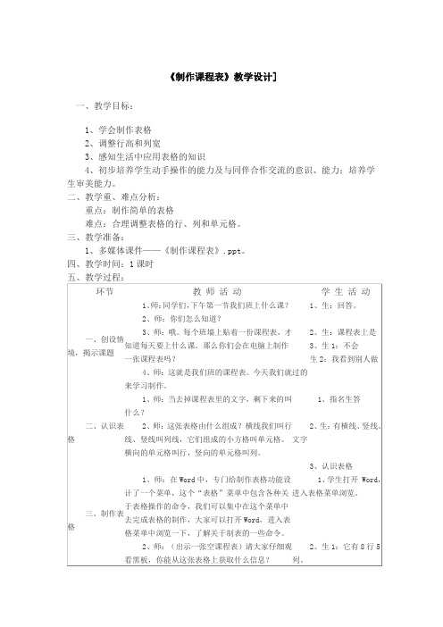 小学信息技术制作课程表