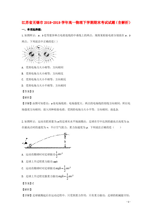 江苏省无锡市2018_2019学年高一物理下学期期末考试试题(含解析)