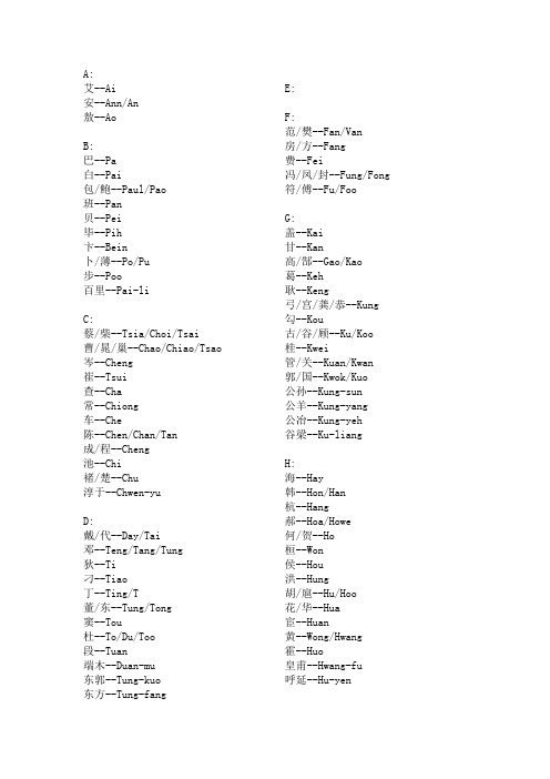 中国姓氏英文翻译大全