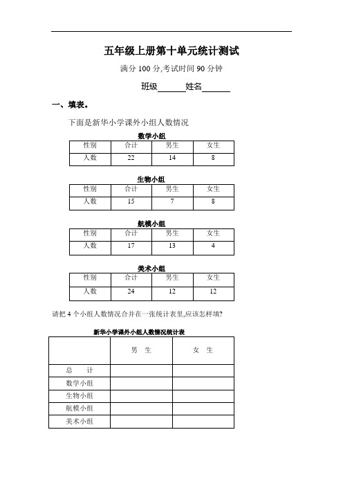 1小学数学五上第十单元统计试卷