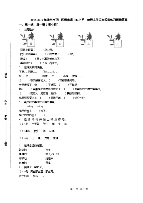 2018-2019年扬州市邗江区杨庙镇中心小学一年级上册语文模拟练习题无答案