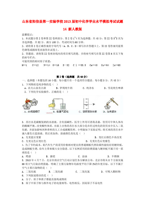 山东省阳信县第一实验学校初中化学学业水平模拟考试试题14 新人教版