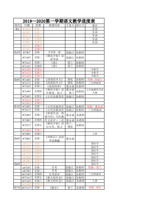 2019届七上语文进度计划安排表