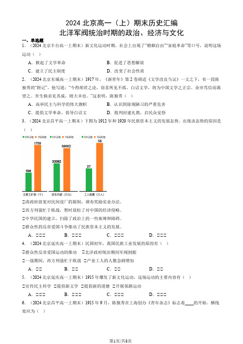 2024北京高一(上)期末历史汇编：北洋军阀统治时期的政治、经济与文化