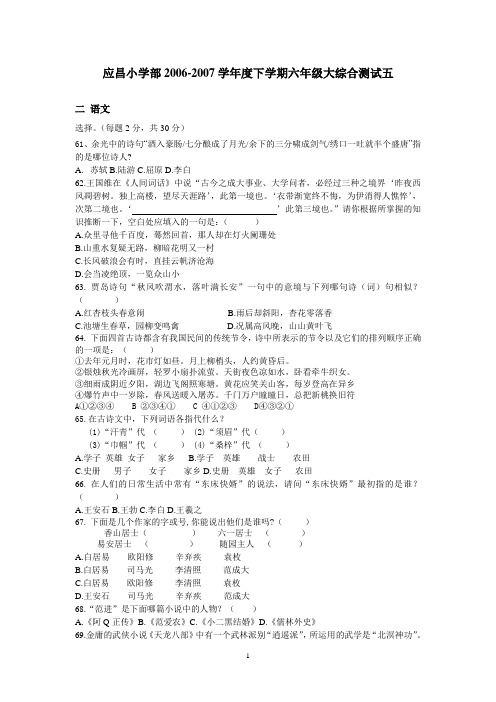 语文应昌小学部2007综合测试五