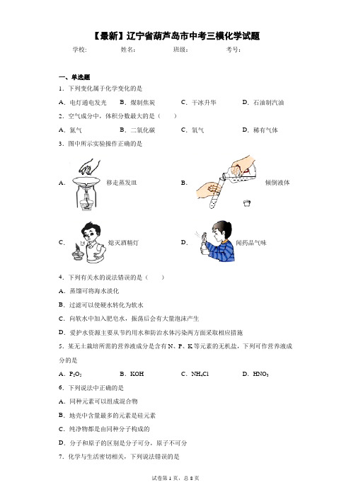 2021年辽宁省葫芦岛市中考三模化学试题 答案和解析