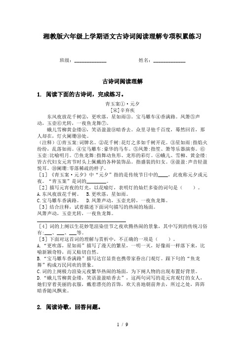 湘教版六年级上学期语文古诗词阅读理解专项积累练习