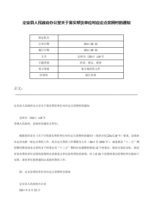 定安县人民政府办公室关于落实帮扶单位对应定点贫困村的通知-定府办〔2014〕119号