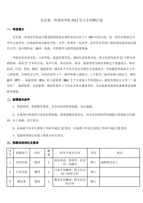 北京第二外国语学院2013年人才招聘计划