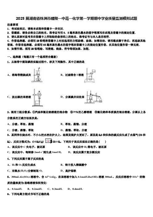 2025届湖南省株洲市醴陵一中高一化学第一学期期中学业质量监测模拟试题含解析