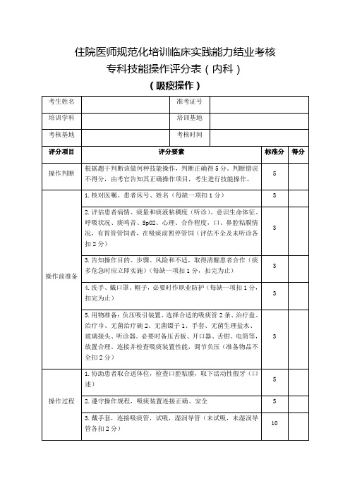 住院医师规范化培训临床实践能力结业考核专科技能操作评分表(内科)吸痰操作