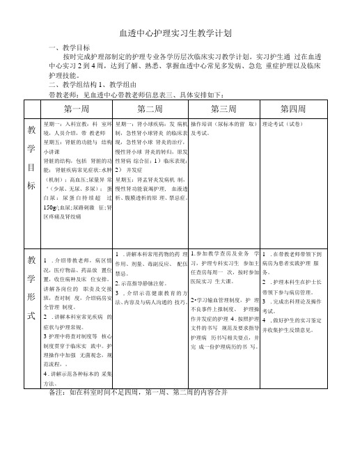 血透中心护理实习生教学计划模板