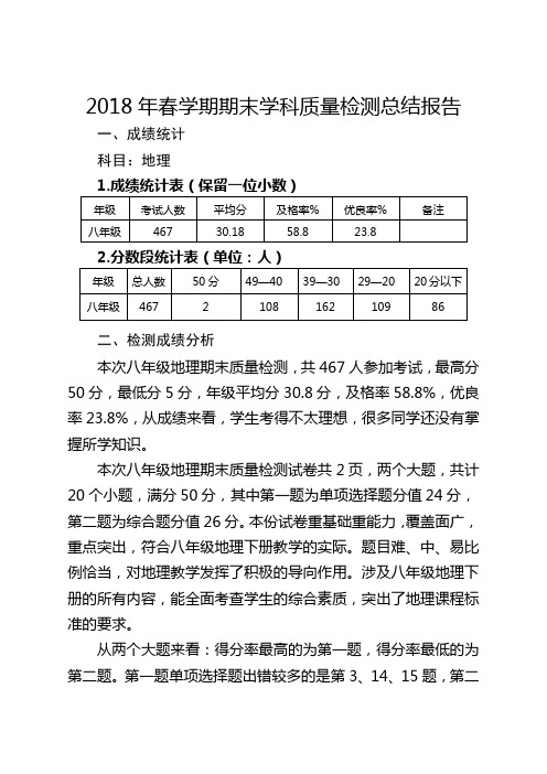 八年级地理期末质量分析报告