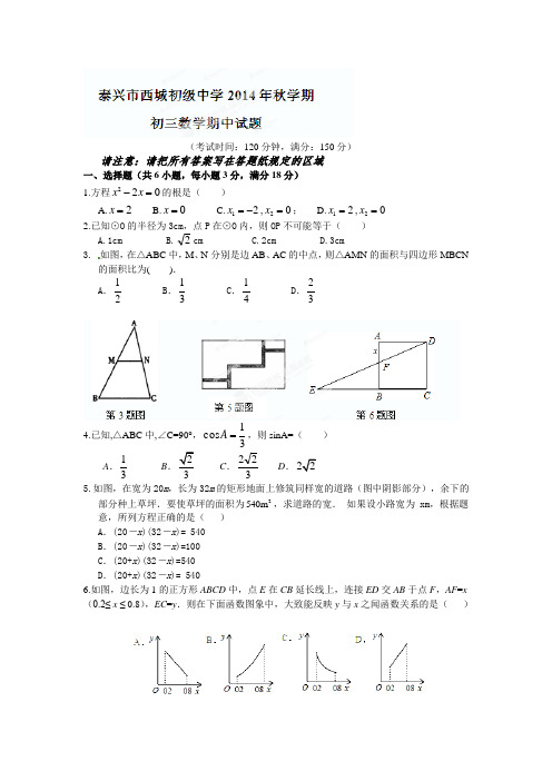 江苏省泰兴市西城中学2015届九年级上期中考试数学试题及答案