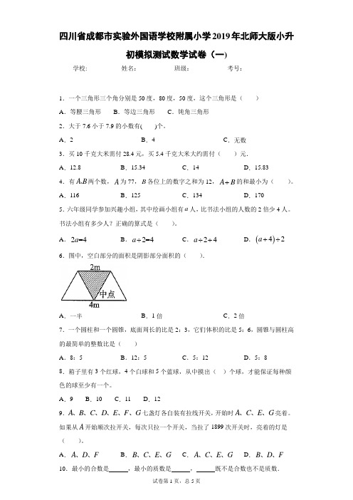 四川省成都市实验外国语学校附属小学2019年北师大版小升初模拟测试数学试卷(一)