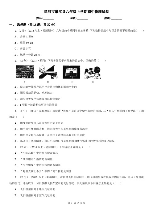 黑河市嫩江县八年级上学期期中物理试卷