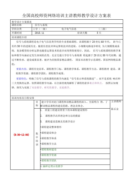 全国高校师资网络培训主讲教师教学设计方案表