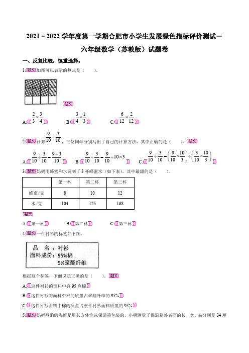 2021-2022学年安徽省合肥市苏教版六年级上册期末发展绿色指标评价测试数学试卷