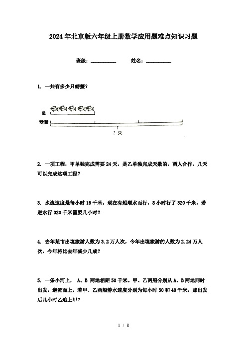 2024年北京版六年级上册数学应用题难点知识习题