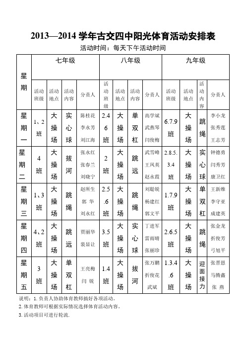 阳光体育活动记录表