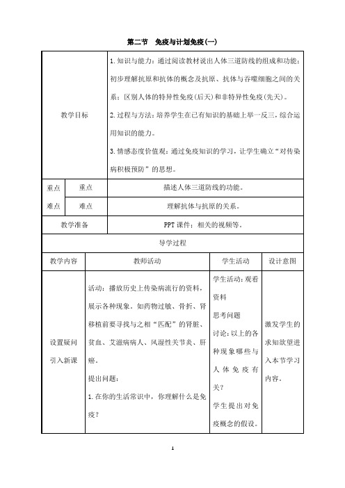 (名师整理)最新人教版生物八年级下册第8单元第2节《免疫与计划免疫》精品教案