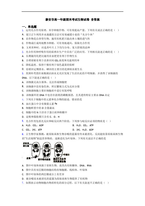 泰安市高一年级期末考试生物试卷 含答案