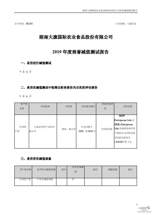 大康农业：2019年度商誉减值测试报告