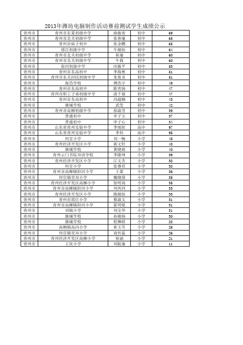 2013年潍坊电脑制作活动赛前测试学生成绩公示