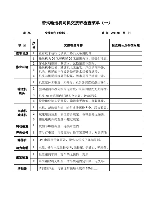 带式输送机司机交接班检查菜单