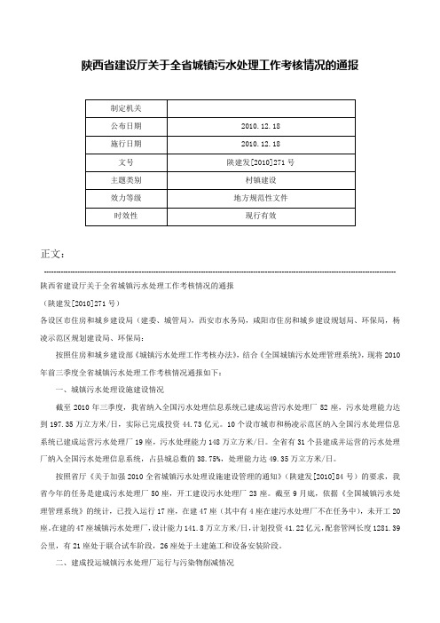 陕西省建设厅关于全省城镇污水处理工作考核情况的通报-陕建发[2010]271号