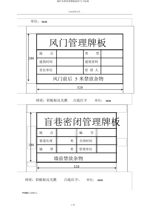 煤矿各类管理牌板制作尺寸标准