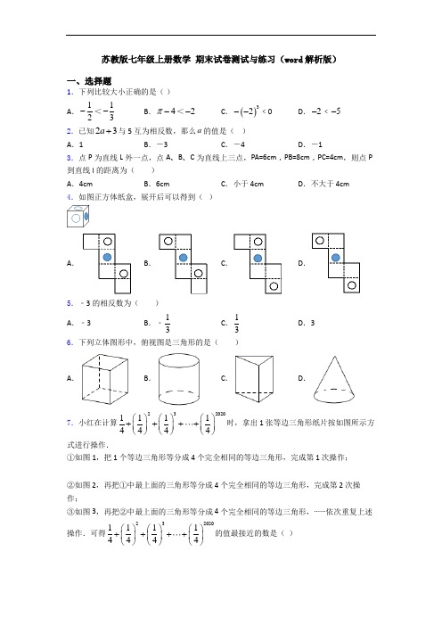 苏教版七年级上册数学 期末试卷测试与练习(word解析版)