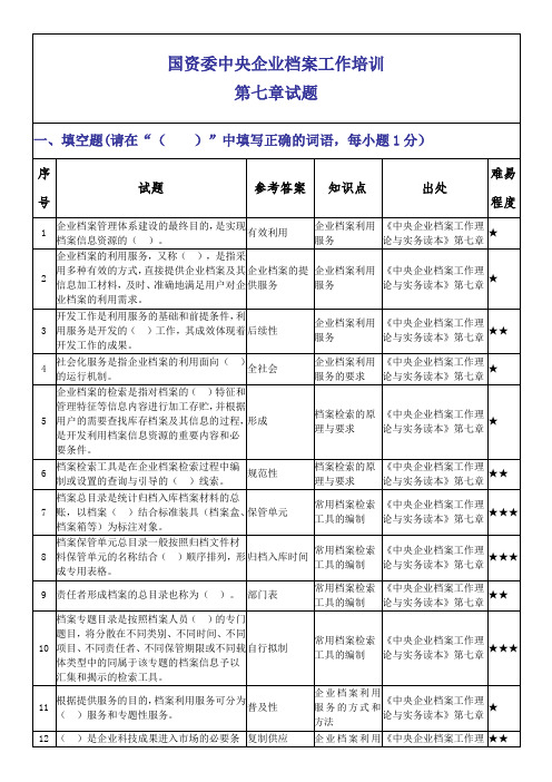 国资委档案职业技能大赛基本理论模拟试题7第七章题目