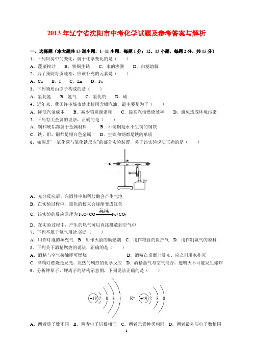 2013年辽宁省沈阳市中考化学试题及参考答案(word解析版)