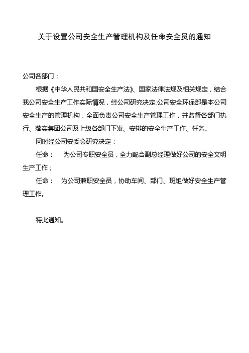 关于设置公司安全生产管理机构及任命安全员的通知