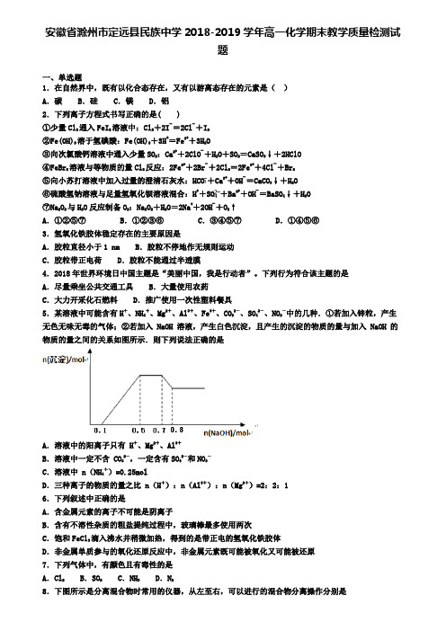 安徽省滁州市定远县民族中学2018-2019学年高一化学期末教学质量检测试题